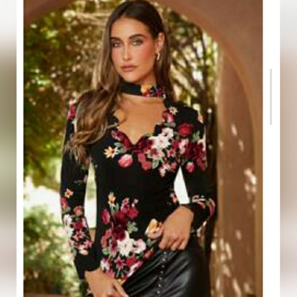 SHEIN Women's Black Multicolor Floral Cutout Blouse